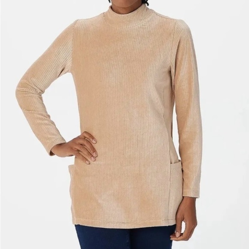 Susan Graver SzM Weekend Knit Corduroy Mock Neck Tunic Sweater with Pockets